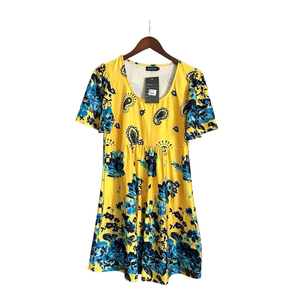 New! 🌼 Reborn Yellow and Blue Paisley Floral Pullover Dress